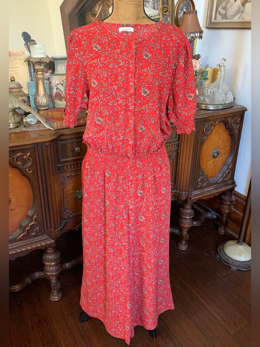 Vintage Red Floral Botanical Print Boho Hippie Gypsie Romper Jumper